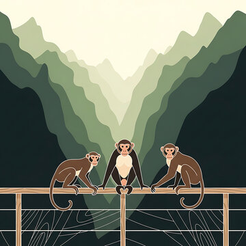 Nature A serene illustration of three monkey figures sitting on a fence overlooking a lush green mountain valley where wild wildlife roams