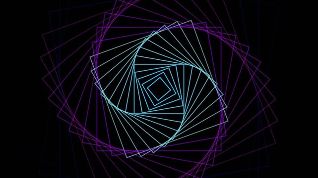 Abstract stroboscopic RGB squares rotating in a geometric spiral pattern on black background
