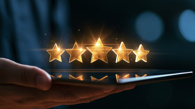 Hand holding tablet displaying five glowing gold rating stars customer feedback with feedback customer satisfaction experience technology business excellence