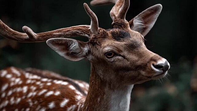 Frontal portrait of a spotted deer with large antlers.