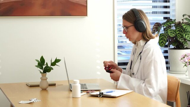 Woman shows how measures the oxygen level in the blood using a portable medical device.