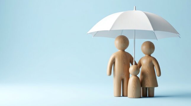 Wooden Family Figurines Standing Together Under a Protective White Umbrella Concept for Life Insurance and Family Security
