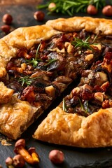 Fototapeta premium Warm mushroom galette being cut with steam rising