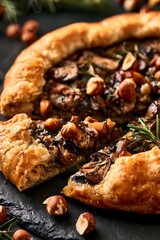 Fototapeta premium Warm mushroom galette being cut with steam rising