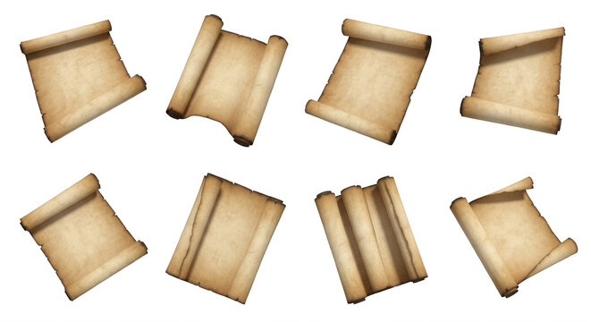 assortment of old scrolls lying down and standing up blank parchment on white background for historical document designs