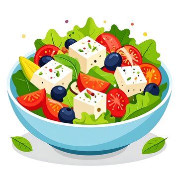 A colorful illustration of a fresh salad with feta cheese, tomatoes, and blueberries in a.