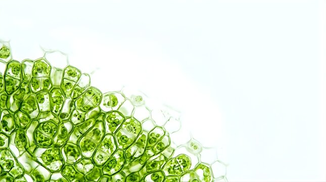 Microscopic view of plant leaf cells with chloroplasts on white background