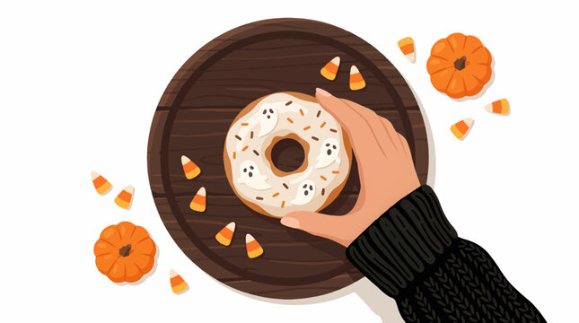 Top View Hand Serving Spooky Ghost Donut Flat Lay Vector Illustration