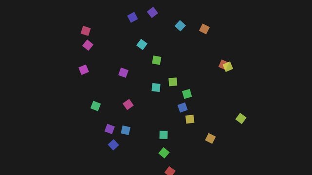 Colorful small squares drifting and scattering across a black background in a minimalist style