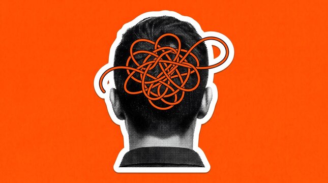 Conceptual graphic of a man with tangled thoughts representing mental confusion and chaos on a bright orange background