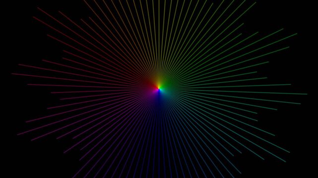 Colorful spectrum light rays radiating from central points in a four panel abstract composition