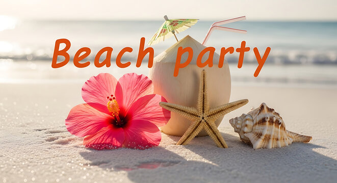 Seashell Vibrant beach party scene featuring a refreshing tropical cocktail in a coconut a pink hibiscus flower and a starfish on white sand for