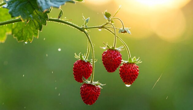 Wild strawberries ripening on branch under soft rain in sunny garden landscape