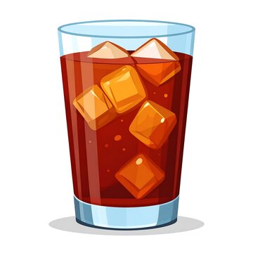 A glass filled with dark iced tea and several ice cubes is shown on a white background.