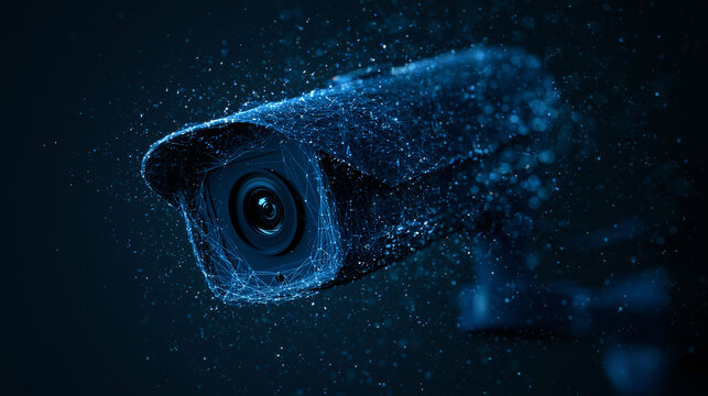 Surveillance security camera represented by digital particle network effect with security surveillance technology monitoring protection connection abstract