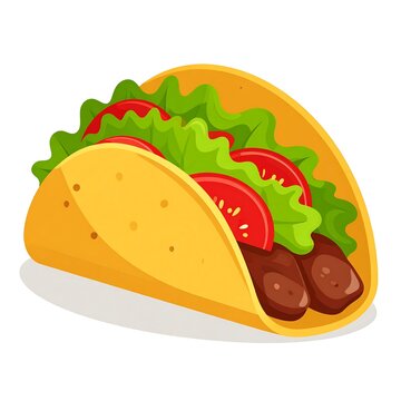 A colorful vector illustration of a Mexican taco filled with meat, lettuce, and tomatoes.