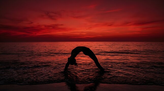 Woman doing yoga wheel pose at sunset on the beach silhouette