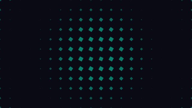 Geometric teal square grid pattern with halftone effect pulsating on a dark background