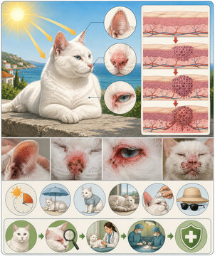 Solar Dermatitis in White Cat with Sun Damage and Skin Cancer Risk Infographic