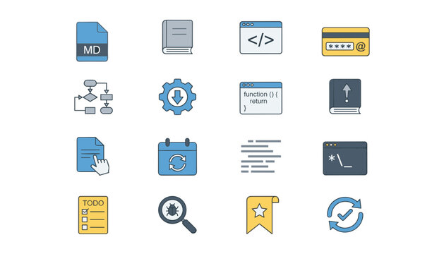  Software Development and Coding Line Icon Set with Code Window Flowchart Terminal Database Gear Bug Search and Markdown File Symbols for Programming
