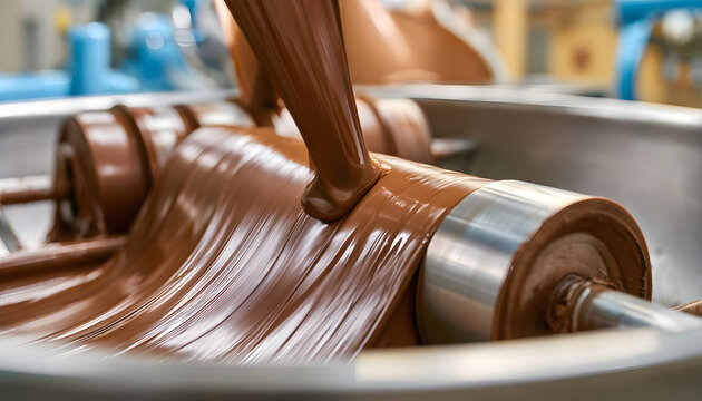 Chocolate conching machine with rollers churning liquid chocolate in sharp focus and a blurred production facility behind. Concept of chocolate making