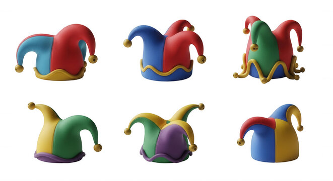 colorful jester hats arranged on a bright white background costume and entertainment visuals