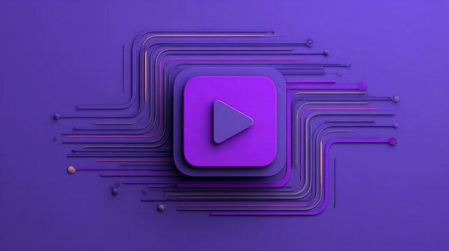 Monochrome purple 3d play button icon with flowing horizontal circuit lines and glowing details for futuristic multimedia concepts.
