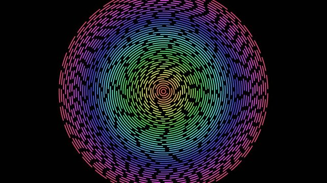 Hypnotic rainbow wave rings rotating in a symmetrical pattern on a black background