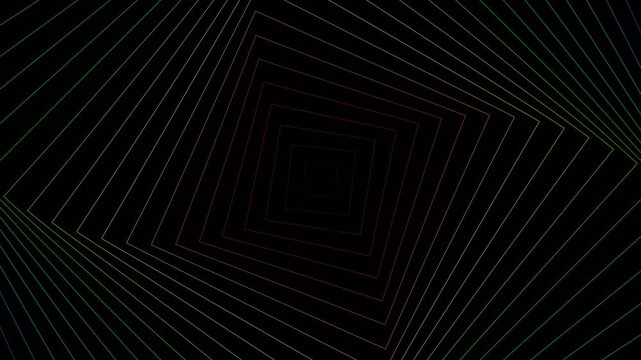 Hypnotic rotating square outlines creating a colorful geometric tunnel on dark background