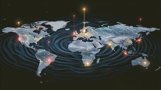 Global map with glowing connections, symbolizing worldwide digital networks and data flow.