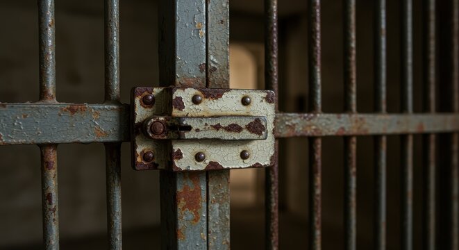 Rusty metal gate with lock secured closed in abandoned industrial setting
