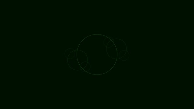 Minimalist green circular fractal outlines rotating against a dark black backdrop