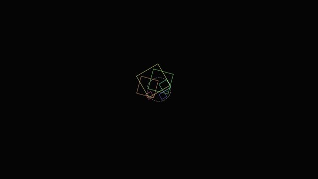 Minimalist motion graphics featuring rotating colorful square outlines on dark background