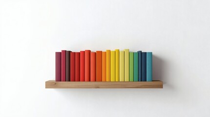 Obraz premium Rainbow colored books neatly arranged on a wooden shelf against a textured wall