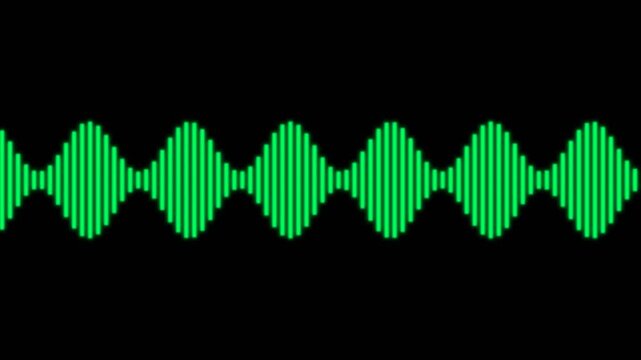 Neon blue and green vertical pulse barcode bars moving in a rhythmic audio waveform pattern