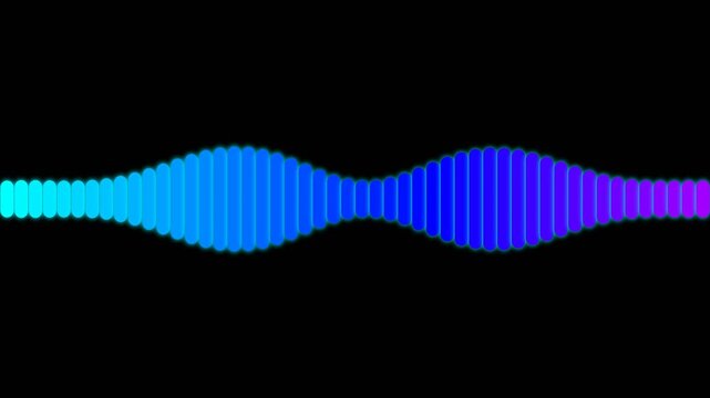 Neon blue and purple digital audio waveform bars pulsing on a black background