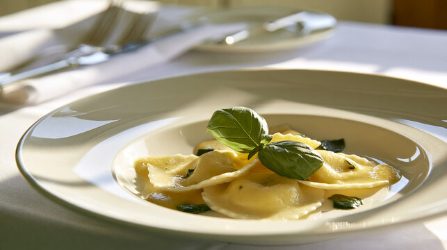 Ravioli pasta with a fresh basil leaf and butter sage sauce on a modern white plate, indicating fine Italian dining