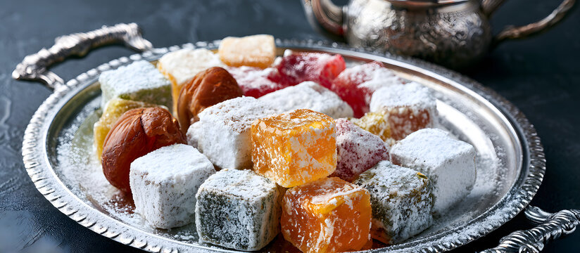 Close-up of various delectable Turkish delights on a metal tray with powdered sugar, locusts, and copy space image.
