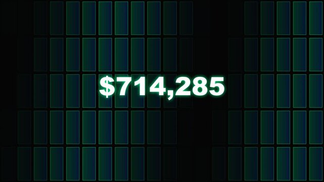 Neon digital grid ticker showing increasing dollar amounts for financial growth and data tracking