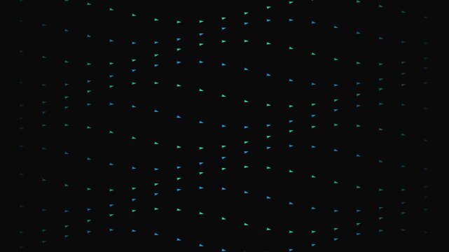 Neon green and blue arrows flowing along wavy paths on a black background in a grid pattern