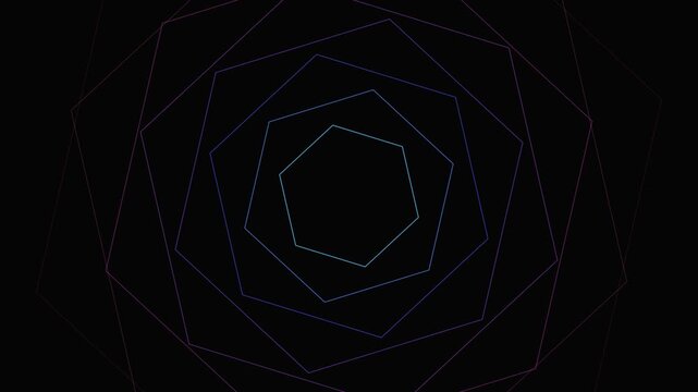 Neon hexagon orbit rotating on a black background with blue and purple glowing lines
