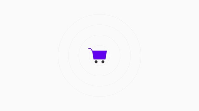 Purple shopping cart icons emitting white concentric pulse waves for e-commerce marketing