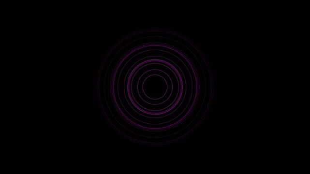 Purple neon wireframe circles glowing on a black background with digital geometric line patterns
