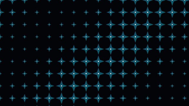Radiant blue star tessellation pattern shimmering on a dark black background in a grid layout