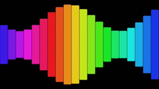 Rainbow colored vertical bars waving in an abstract pattern on a black background