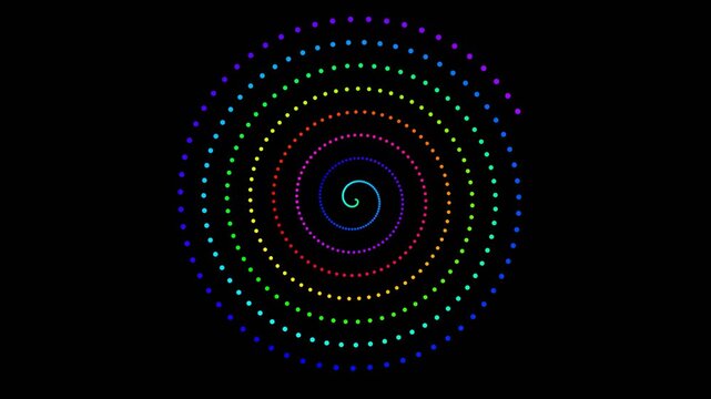 Rainbow colored dotted spirals spinning in a hypnotic pattern on a dark background
