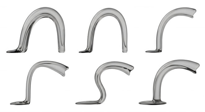 liquid metal arches morphing into different shapes on a plain white backdrop fluid transformations for concept art