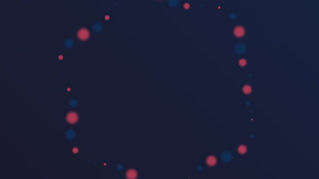 Red and blue glowing particles pulsing in a geometric pattern over a dark blue backdrop