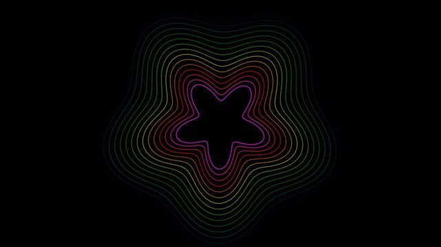 Rainbow star shaped vortex waves with colorful neon outlines radiating on a black background