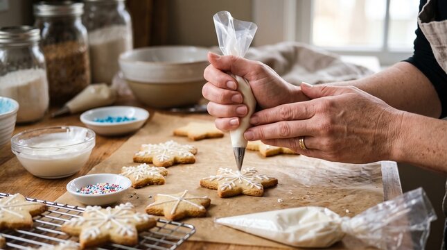 Person decorating snowflake shaped cookies with white icing using a piping bag